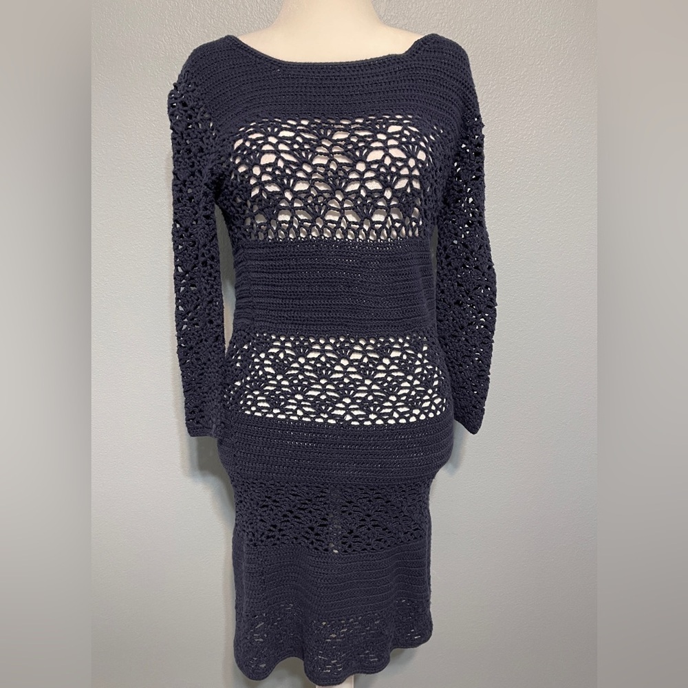 Boden Navy Crochet Knit Tunic Dress Open Knit Beach Cover Up Boho Resort Size 6R